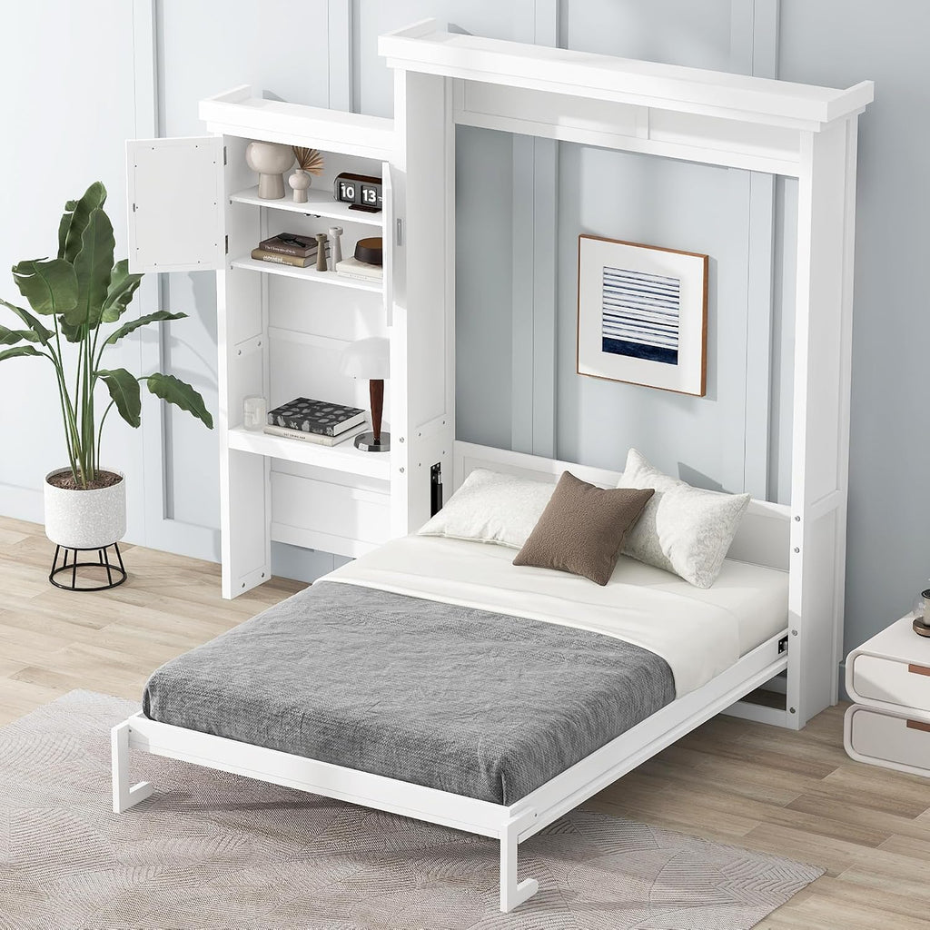 Queen Farmhouse Murphy Bed with Storage Cabinet and Shelves, Wooden Hidden Foldable Wall Bed Frame, Murphy Wall Bed