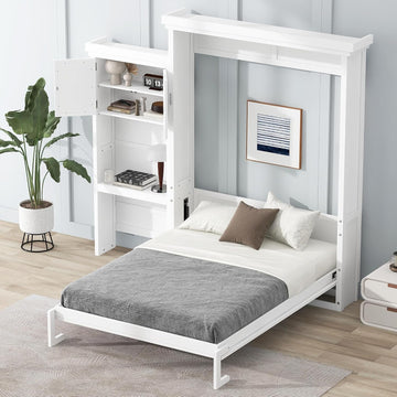 Queen Farmhouse Murphy Bed with Storage Cabinet and Shelves, Wooden Hidden Foldable Wall Bed Frame, Murphy Wall Bed