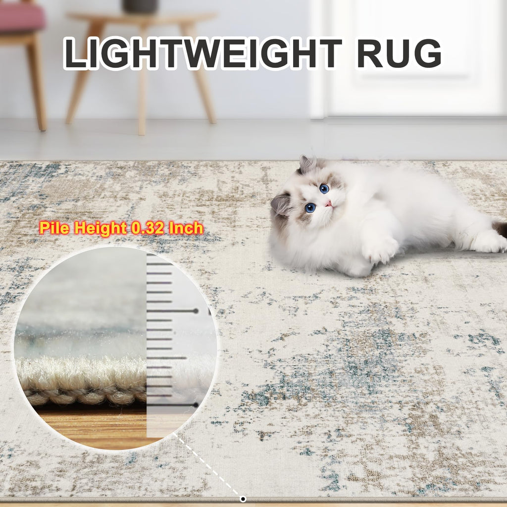 Area Rug Living Room: Modern Abstract Washable Carpet Beige