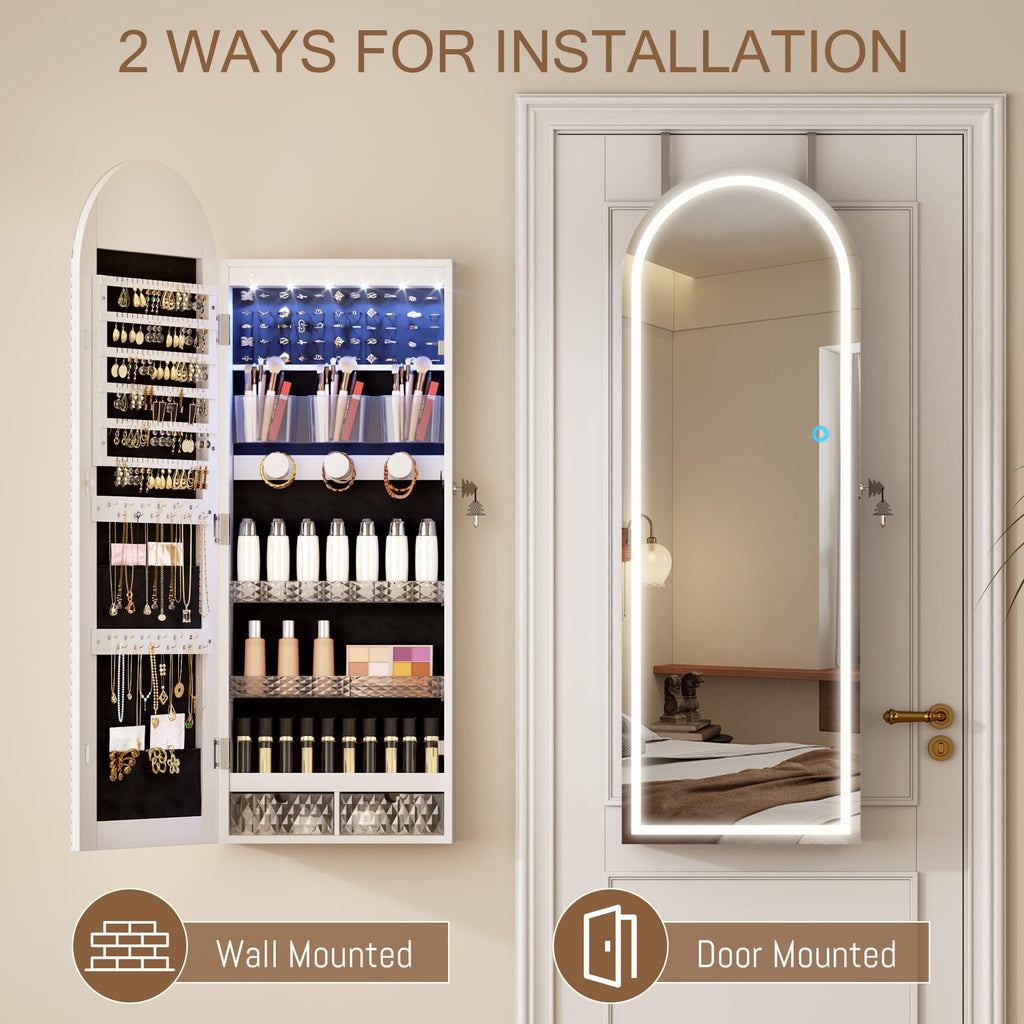 Wall Mounted Jewelry Organizer Lockable, 43"x16" Door Hanging Arched Mirror with Lights and Jewelry Storage, 6 LEDs