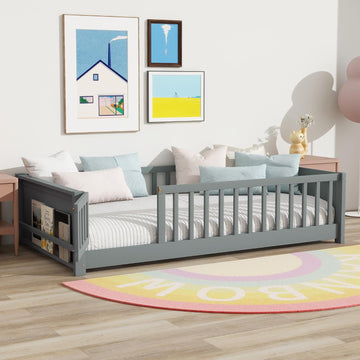 Toddler Floor Bed with High Rails, Wooden Montessori Bed Frame with Door & Built-in Book Rack, Twin Size Bed Frame