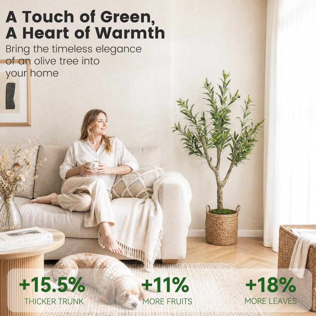 Olive Trees Artificial Indoor, 4ft Tall Olive Tree with White Planter, Faux olive tree with Natural Wood Trunk &