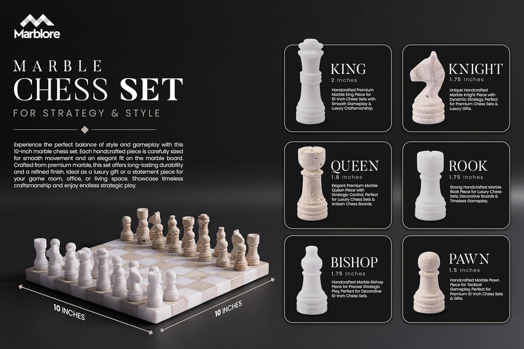 Marble Chess Set 10 Inch Handmade White & Travertine Chess Board with & 2 Extra Queens, Classic 2 Player - Set of 32
