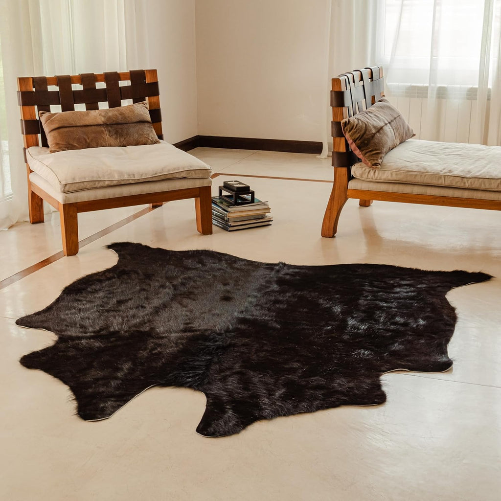 Premium 100% Genuine Cowhide Rug (4-5 Ft) Hand-Picked Solid Black Leather Area Rug, Cozy, Unique, and Durable - from