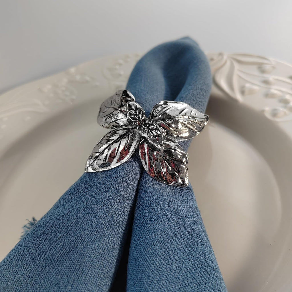 Elegant Vintage Silver Herb Napkin Rings - Glossy Leaf Napkin Holders, Metal Table Adornment for Christmas - Set of 12