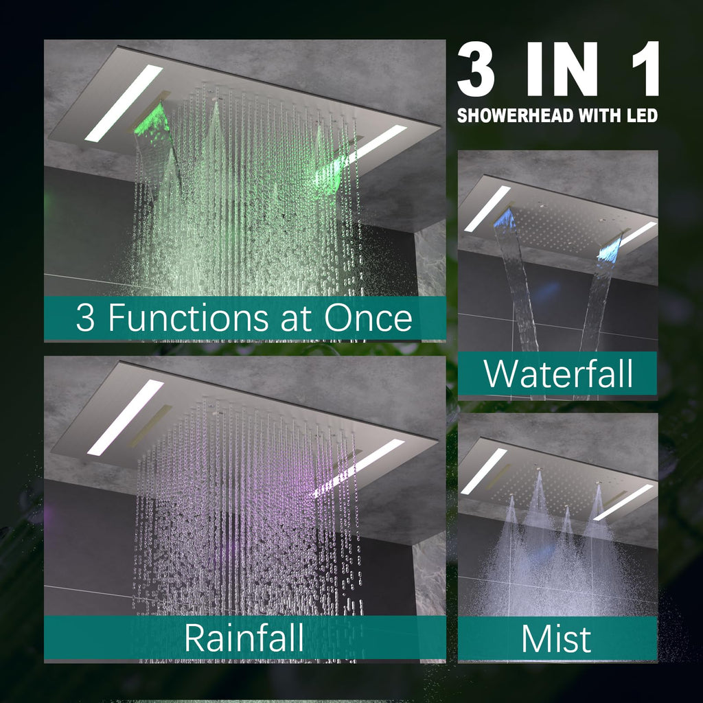 14x20" LED Ceiling Shower Head with Rainfall Waterfall Mist Spray, 3 Modes Can Operate Simultaneously or