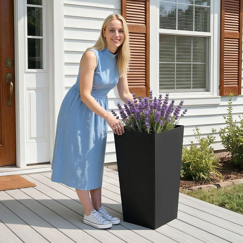 26 Inch Tall Planter Set of 2, Outdoor Large Tall Planters for Outdoor Indoor Plants, Tapered Black Planter for Front