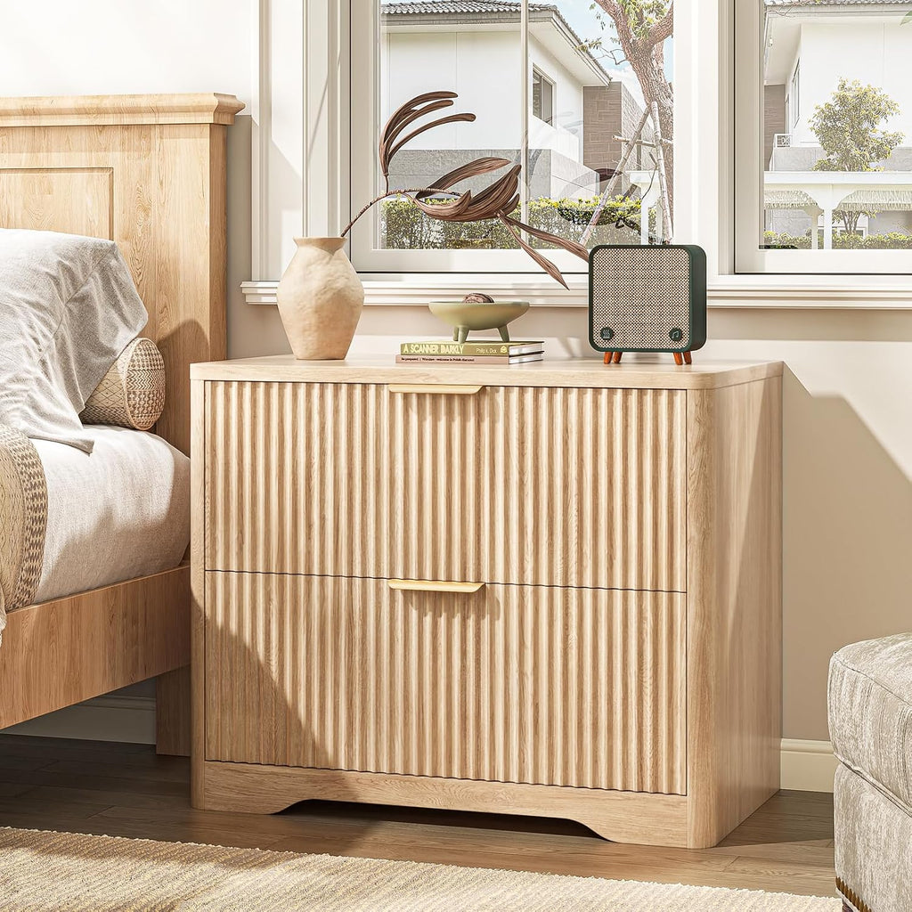 Lateral File Cabinet with 2 Drawers, Natural Oak Fluted Filing Cabinet | Fluted File Cabinet for Letter/Legal/A4 Size
