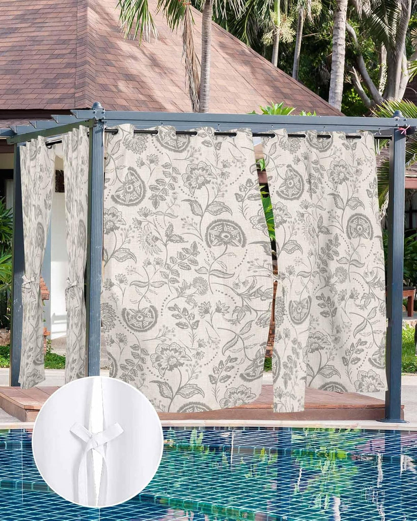 Outdoor Curtains Waterproof, Farmhouse Light Grey Floral Linen Boho Paisley Flower Rustic Grommet Weatherproof