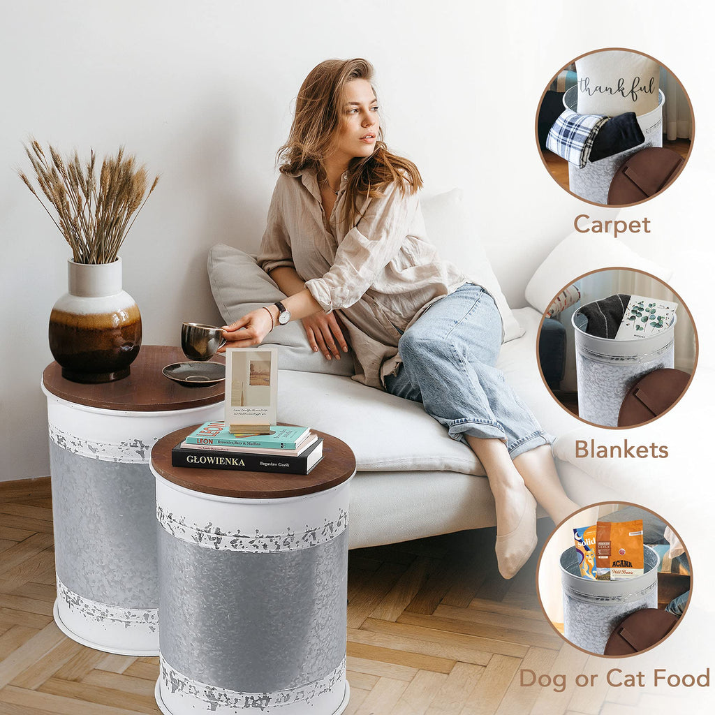 Farmhouse Accent Side Table, Set of 2 Galvanized Storage Ottoman