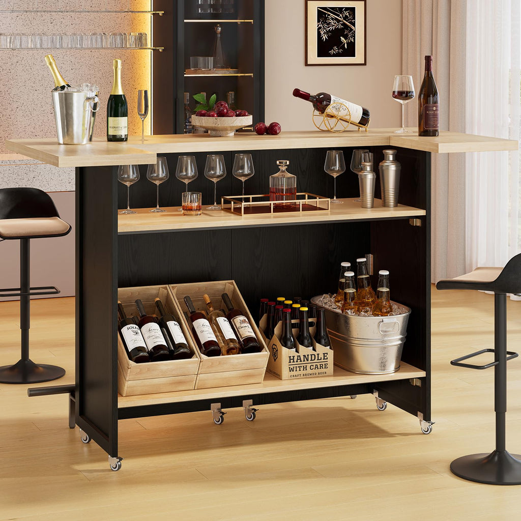 61" Foldable Bar Table, Mobile Party Bar Station on Lockable Wheel