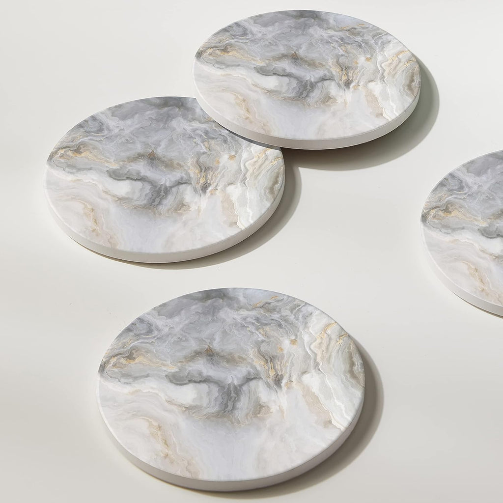 Abstract Gray White Marble Coasters with Holder, Absorbent Ceramic Coasters for Drinks, Coasters with Cork - Set of 6