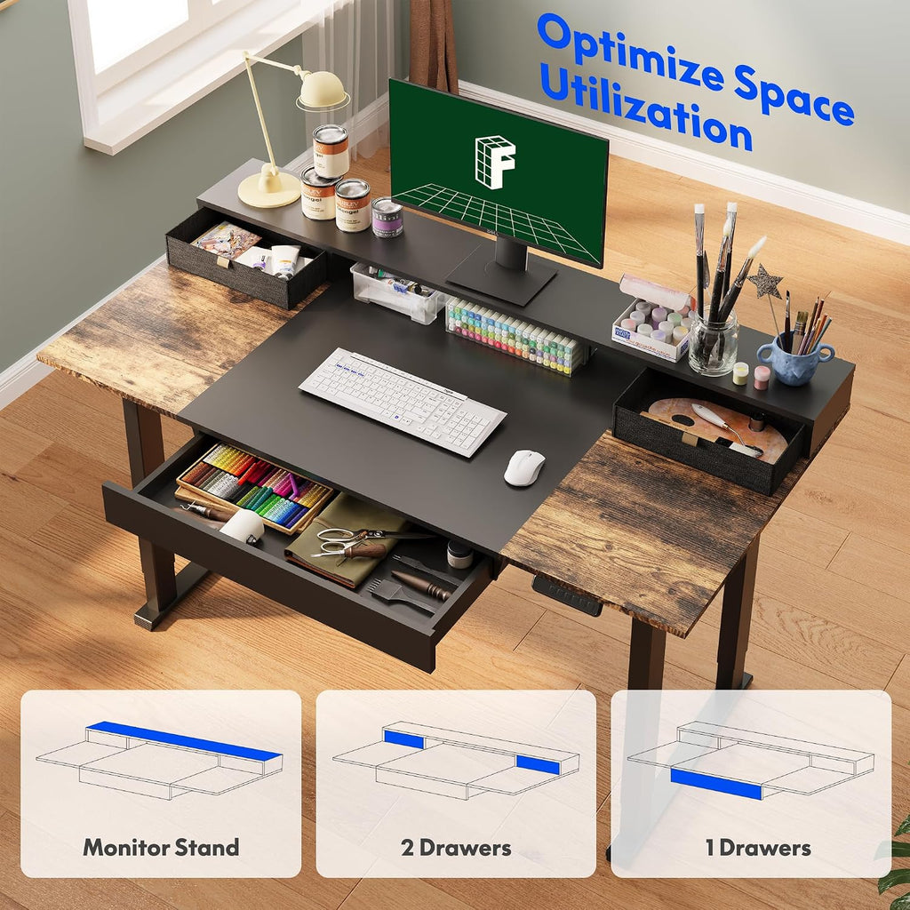 4-Leg Standing Desk with Storage, 63"x32", Black | Electric Adjustable Height, 3 Drawers & Shelving, Storage, Home