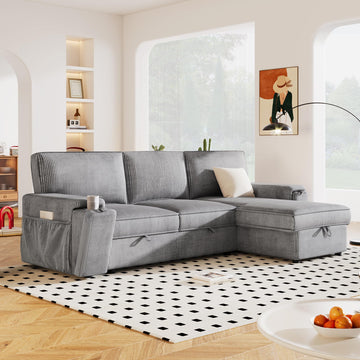 96" Convertible Sleeper Sofa Bed, Modern Corduroy Pull Out Couch with Storage Chaise, L-Shaped Sectional Sofa with