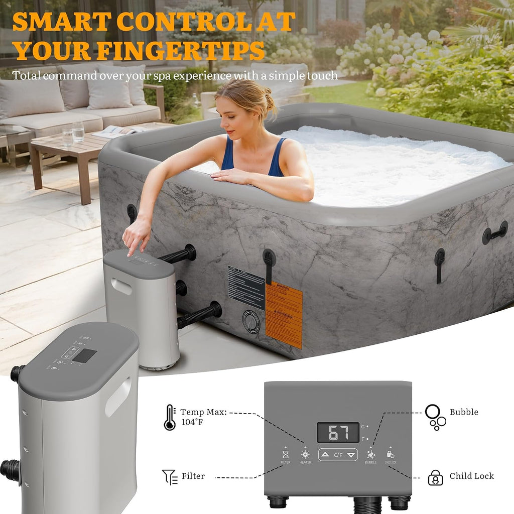 77-Inch Drop-Stitch Inflatable Hot Tub for 6 Person, Square Portable Outdoor Spa with 180 Massage Jets, Smart Heating