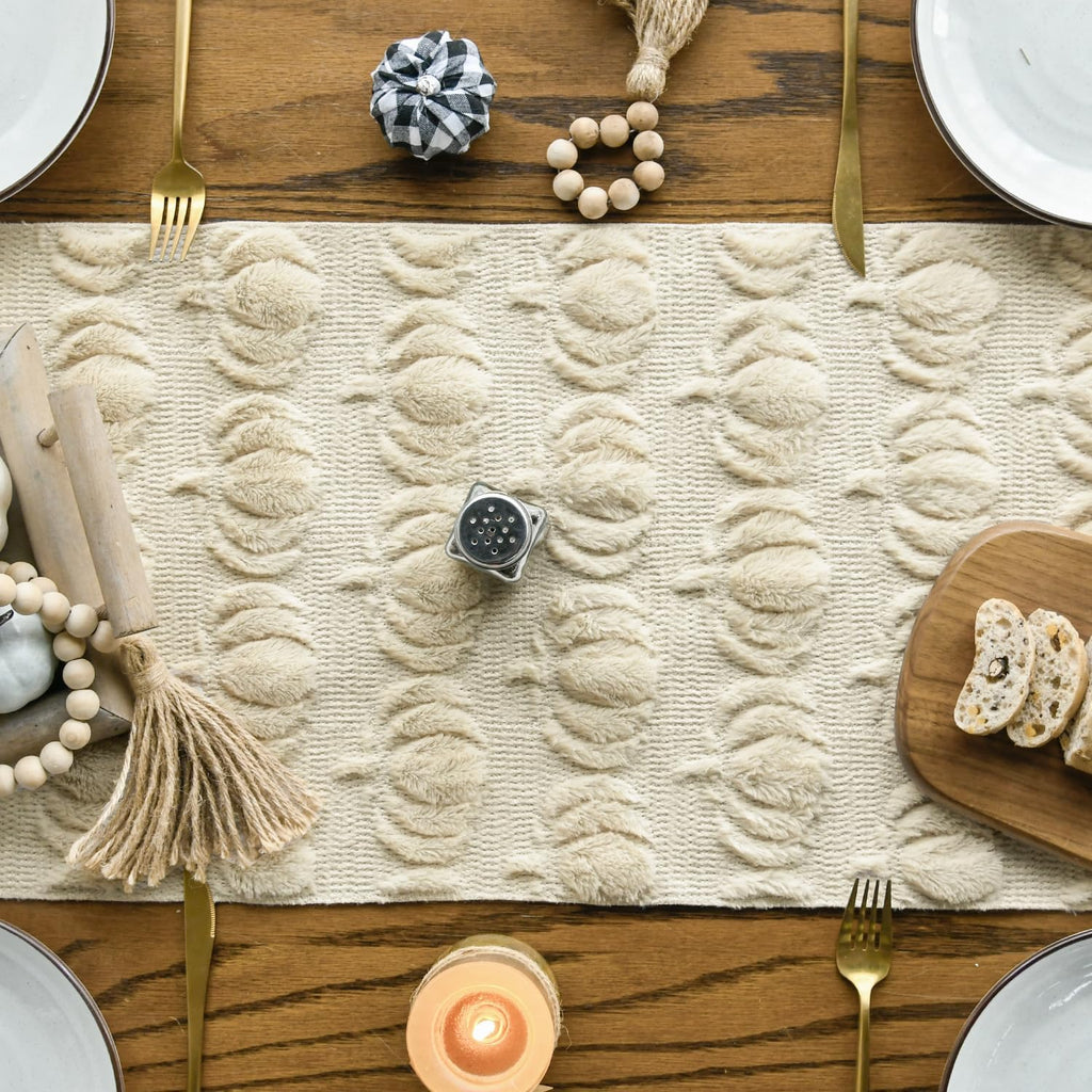 Beige Soft Faux Fur Pumpkins Fall Table Runner 13x108 Inch