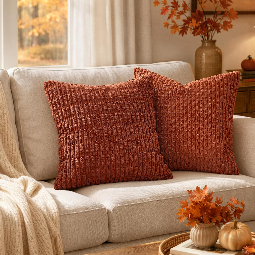 Fall Corduroy Decorative Throw Pillow Covers 18x18 Rust Pack of 2