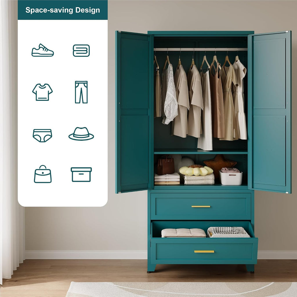 71" Tall Metal Wardrobe with Doors, Hanging Rod & Adjustable Shelf, Freestanding Steel Armoire Home Office, 2-Drawer