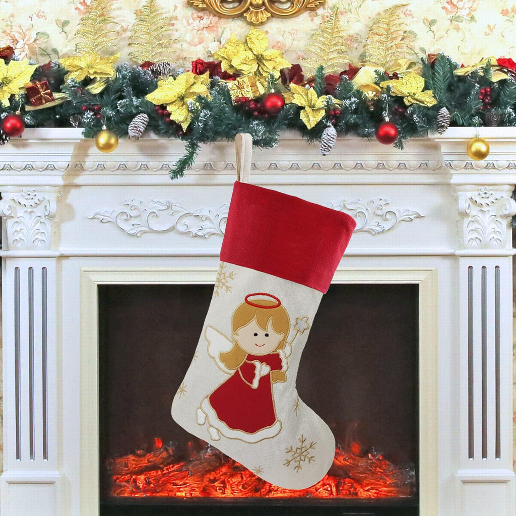 18" Dia Personalized with Embroidered Names, Lovely Christmas Angel Designs Quality Linen Stockings for Holiday