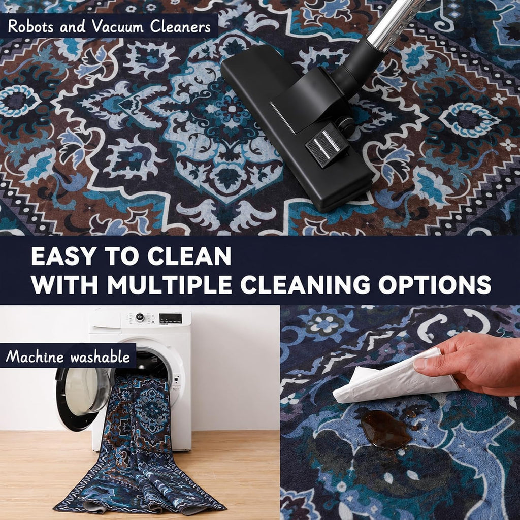 Navy Blue Traditional Medallion Washable Area Rug, Non-Slip