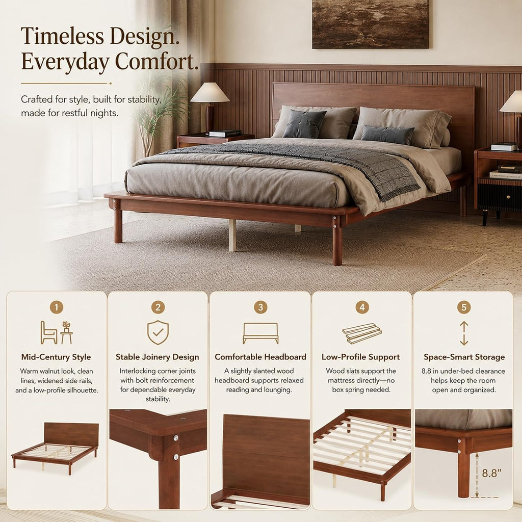 Wood Bed Frame with Headboard & 8.8" Under Bed Storage