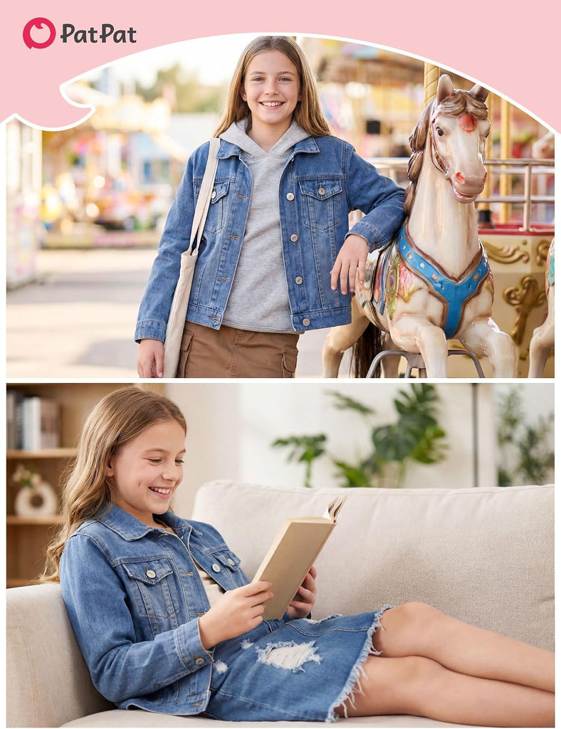 Girls Jean Jacket Long Sleeve Front Button Collared Denim Outerwear