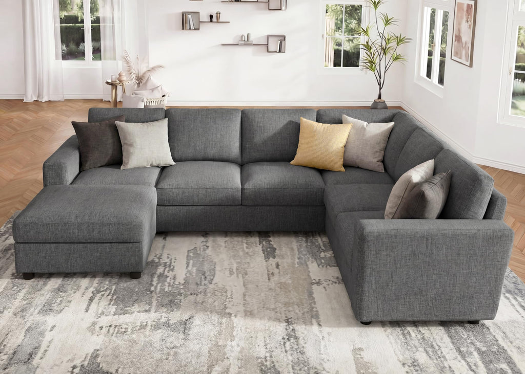 Sectional Sofa with Storage, U Shape Sofa with Chaise, 7 Seater Sectional Couch, Light Grey
