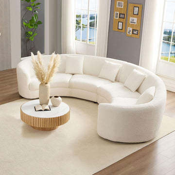 Curved Sectional Sofa, 140.94", 4 Seat, Pillows, Oversized, Boucle, White