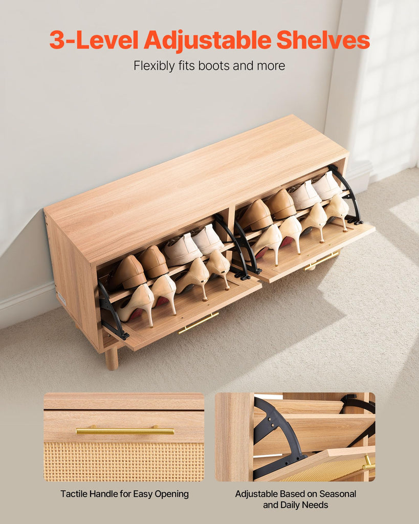 Rattan Shoe Storage Bench, Entryway Bench with 2 Flip Drawers, Holds up to 300 lbs with 4 Compartments and 2 Rattan