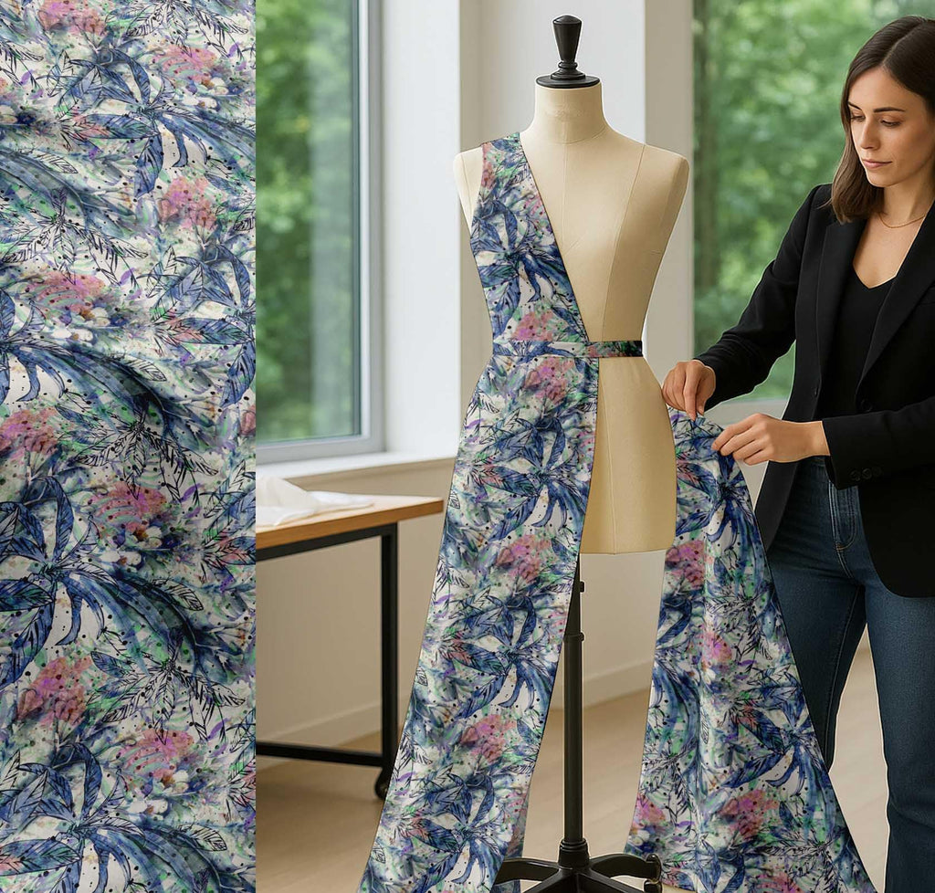 Cotton Voile Blue Fabric - by The Yard - 56 Inch Wide - Flower & Leaves Watercolor Palette Material - Botanical and