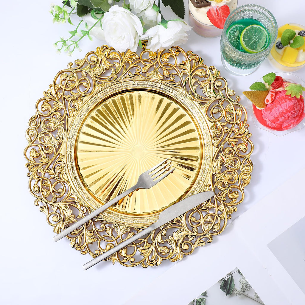 8 Pcs Antique, 13" Round Plastic Dinner Chargers, Decorative Hollowed Out Flowers Serving Plates for Dinner