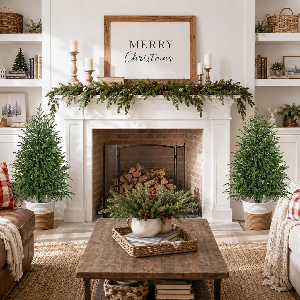 3FT 2PCS Small Christmas Tree with Lights, Pre-Lit Norfolk Pine Tree Potted