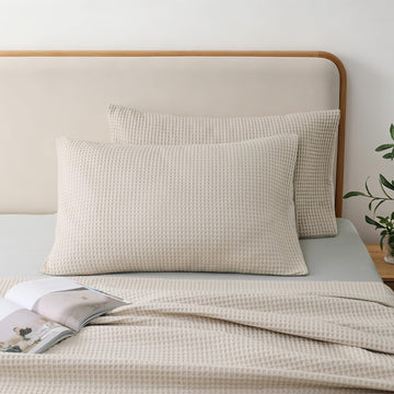 100% Cotton Waffle Pillow Shams King Size Set of 2, Khaki, 20" x 36"