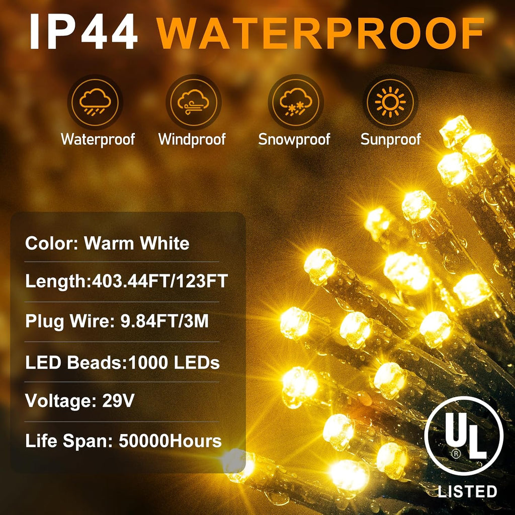 403FT 1000 LED Christmas Lights Outdoor String Lights 8 Modes & Timer Fairy Light Plug in Waterproof LED String