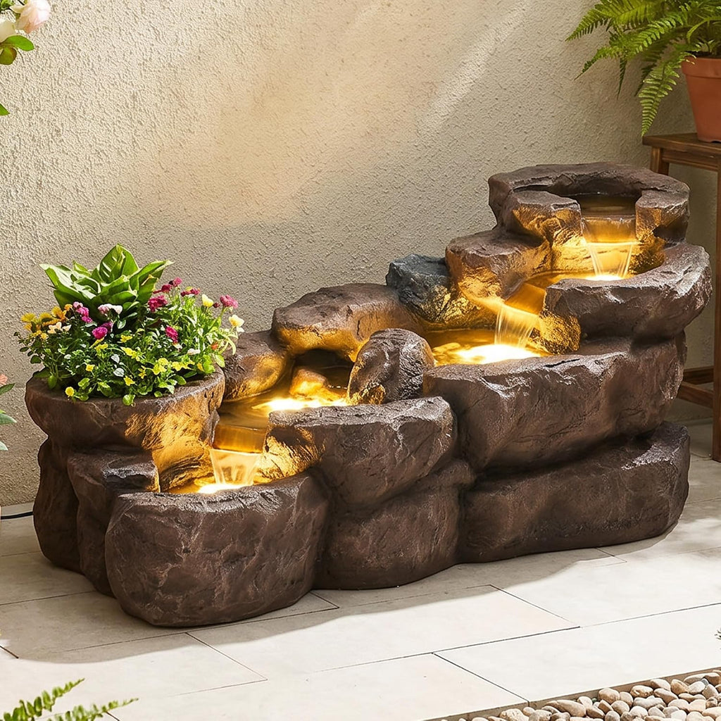 37.4" L Water Fountain Outdoor, 5-Tier Rock Cascading Water Feature | Garden Pool Fountains and Waterfalls with Warm