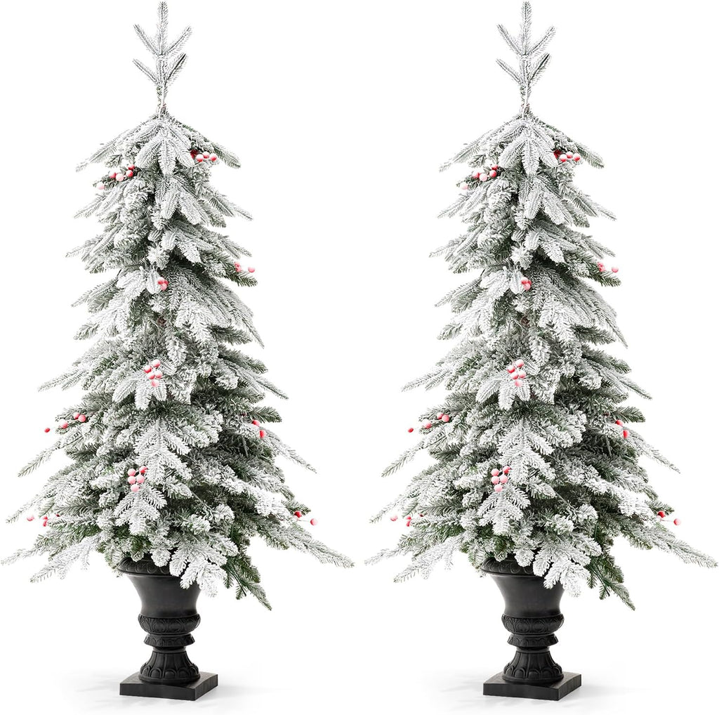 5ft Prelit Christmas Tree Set of 2, Artificial Christmas Trees with Lights, Flocked Fir Potted Christmas Porch Tree