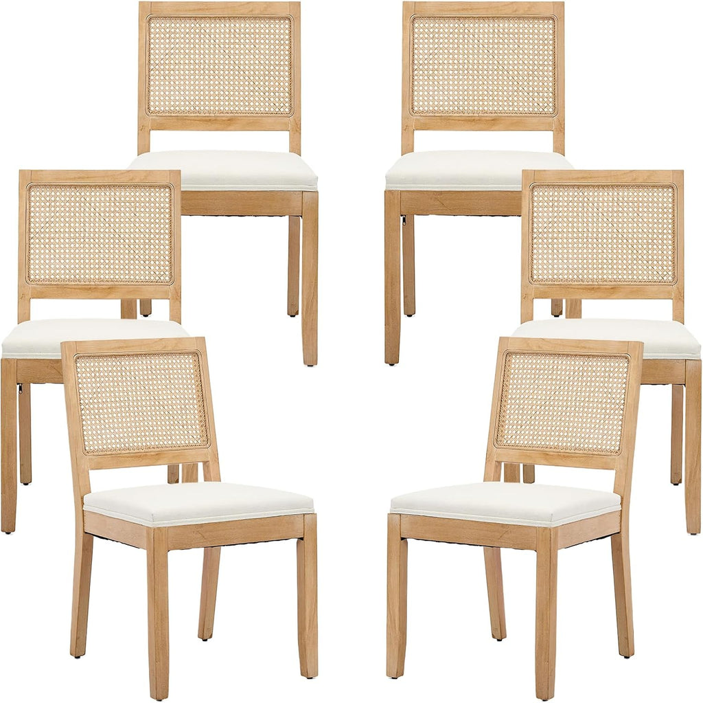 French Country Dining Chairs Set of 6, Beige Modern Kitchen & Dining Room Chairs, Rattan Dining Chair with Linen