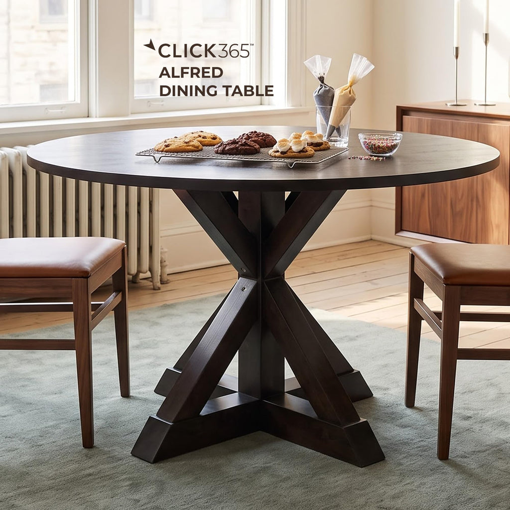Alfred 46.5 Inch Round Solid Wood Dining Table for 4, Rustic Farmhouse Kitchen Table with Wood Finish and Trestle