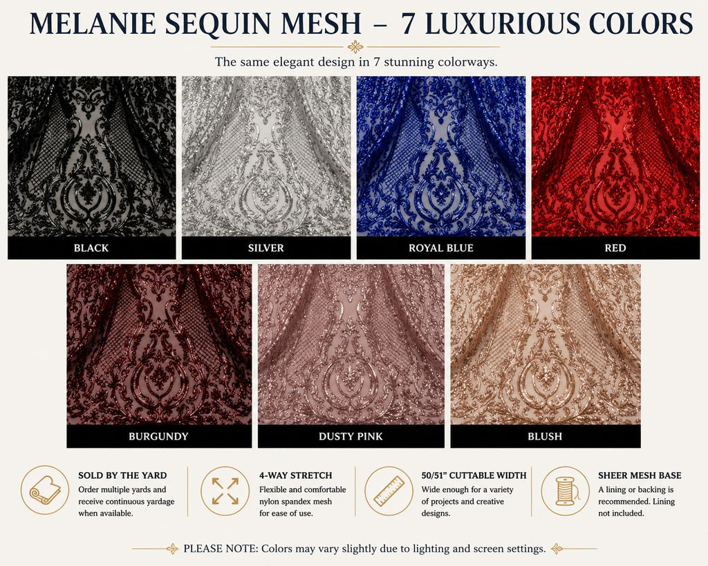 Melanie Design 4 Way Stretch Nylon Spandex Mesh Sequin Wedding Prom Quinceanera Fabric By The Yard (Royal Blue)