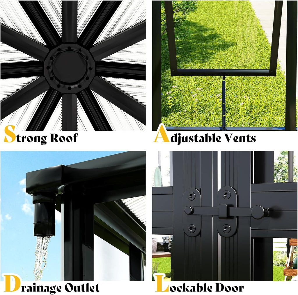 12 x 10 x 8 FT Hexagonal Outdoor Greenhouse | Aluminum Frame with Quick-Connectors, 2 Swing Doors and 2 Vents