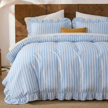Blue and White Striped Comforter Set, 100% Cotton, Ruffle Trim Comforter Set, Soft Lightweight Breathable