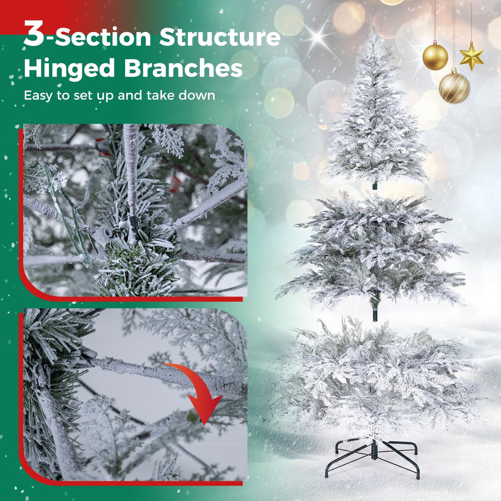 6 FT Artificial Christmas Tree, Hinged, Pre-Lit & Snow-Flocked