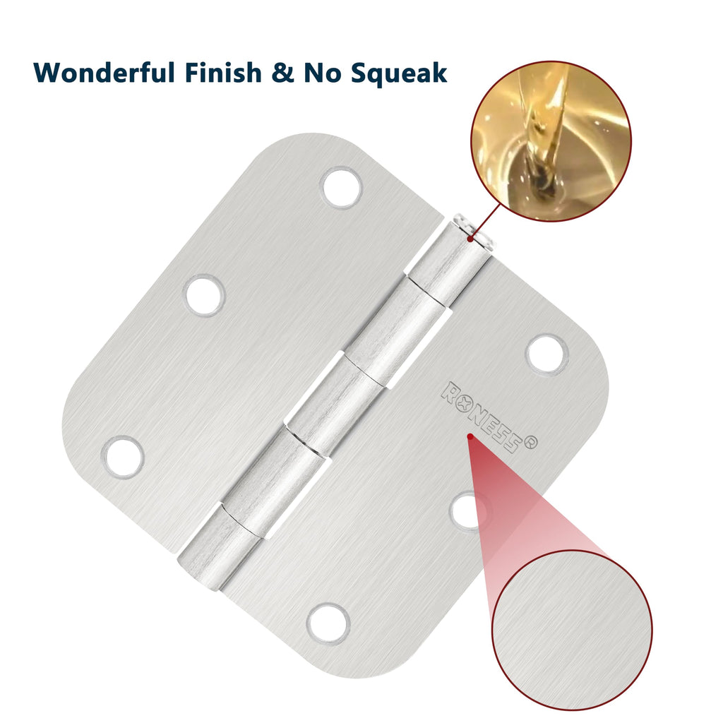 18 Pack Brushed Nickel Door Hinges 3.5 Inch, 5/8" Radius Rounded, Standard Residential for Doors 3 1⁄2", Sturdy