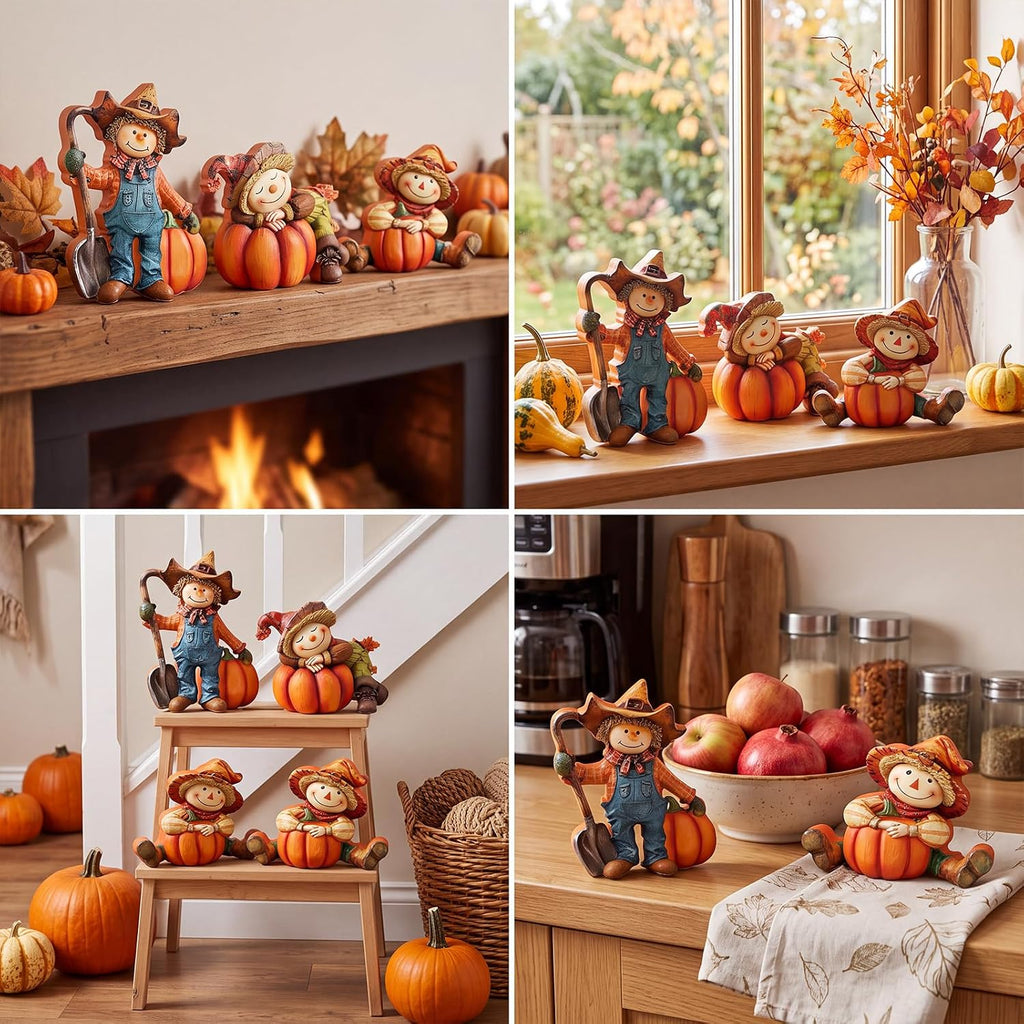Fall Wooden Scarecrow with Pumpkins Table Decor Set - Set of 3