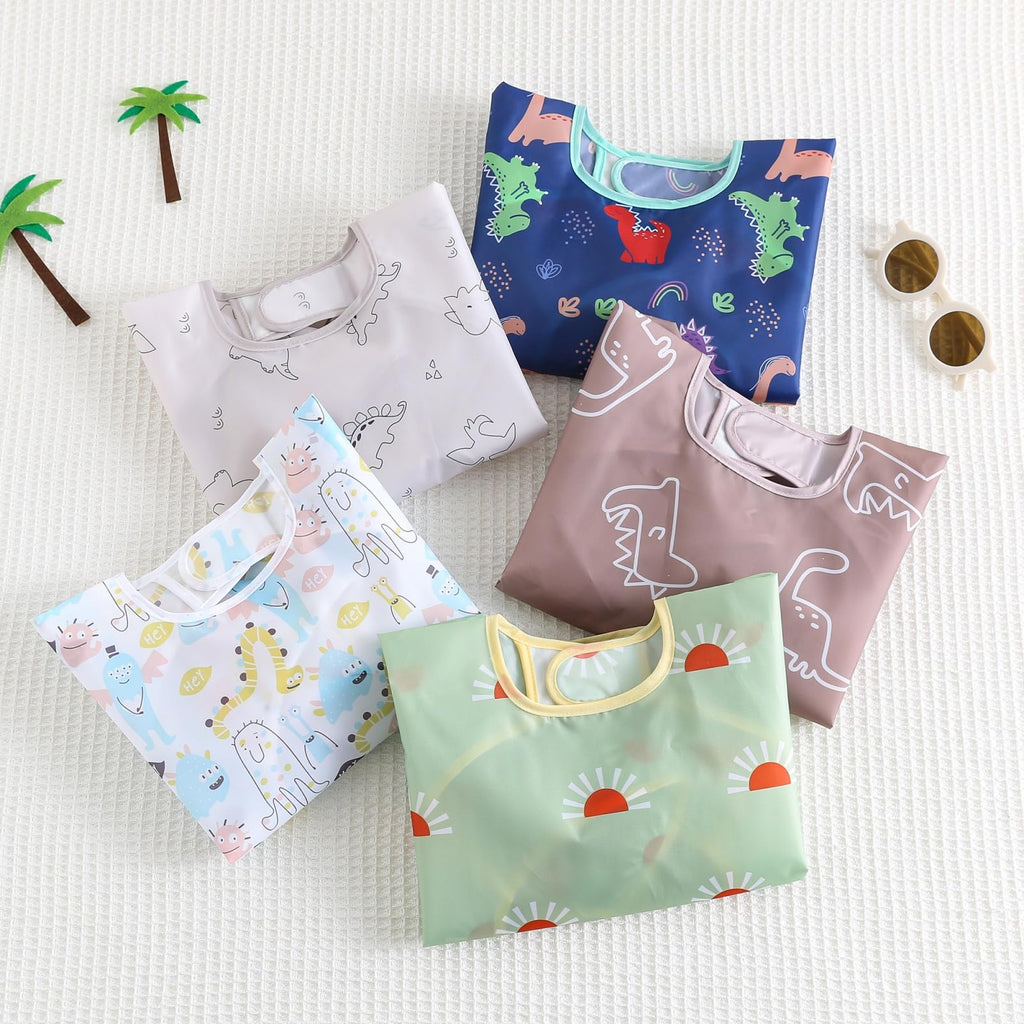 Long Sleeved Bibs,5 PCS Waterproof Wearable Bibs with Sleeves,Baby Feeding Smock 6-30 Months (5 Pcs Set A)