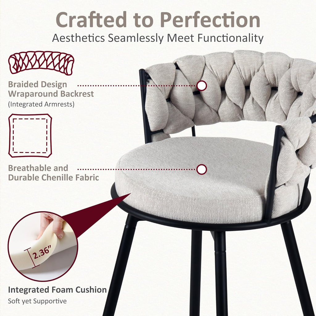 Bar Stools Set of 2, 28.7 inch Seat Height Bar Chairs, 360° Swivel Counter Height Barstools with Woven Back and Arm