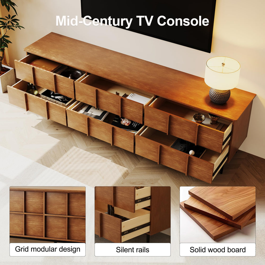 86 Inch Mid Century Modern TV Stand, Solid Wood Media Console with 6-Drawer Storage, Sideboard