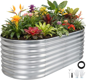 Galvanized Raised Garden Bed 4x2x2ft,Silver Planter Box | 24" Deep Oval Metal Garden Beds with Easy Assembly &