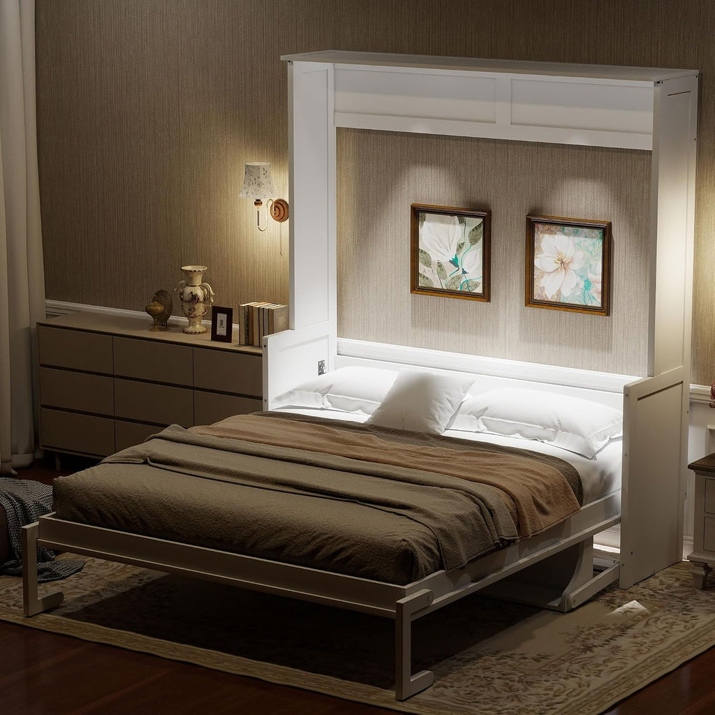 Queen Murphy Bed with Desk, LED Lights & USB Charging Station,Solid Wood Vertical Murphy Wall Bed Cabinet with