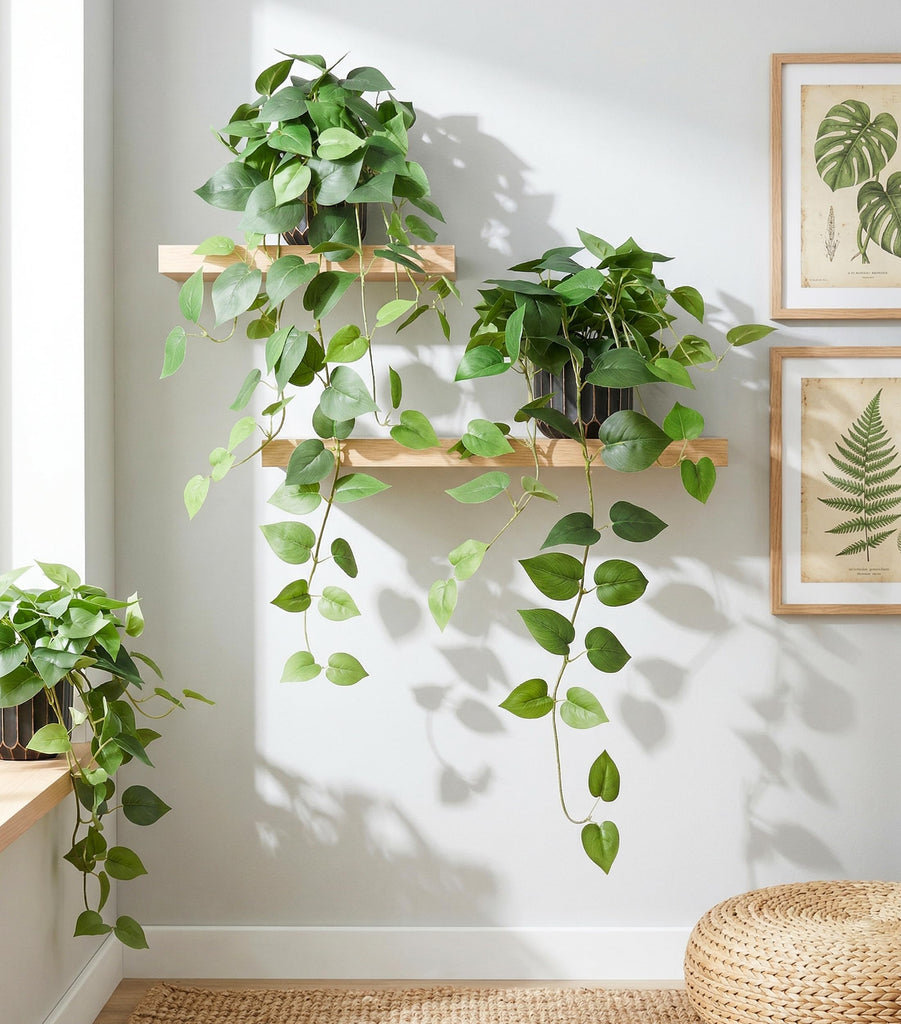 Fake Plants 2 Pcs Faux Pothos Plants Potted Indoor Artificial Hanging Plants Realistic Fake Greenery Table Desk